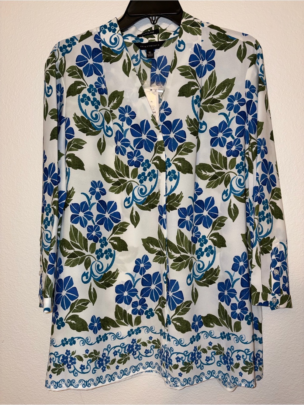 NWT Investments Caroline Blouse XL Blue Green Floral Top